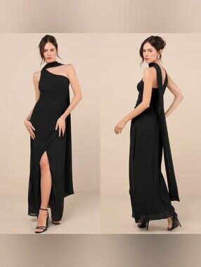 Lulus Adeline Black One-Shoulder Scarf Maxi Dress S Wedding Party Formal